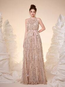 Mgiacy,New Arrival,Romantic Women's Sleeveless Halter Sequin Gown Long Flared Prom Dress With Belt Tie Back And Zipper Details Elegant And Glamorous Non-Stretch Evening Wear