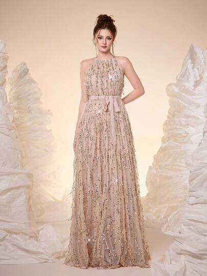 Mgiacy，新品上市，浪漫女士无袖露背亮片长礼服，喇叭形舞会礼服，腰带系带和拉链细节，优雅迷人的无弹力晚礼服