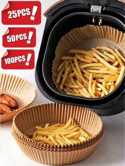 25/50/100pcs Round Disposable Air Fryer Liners Parchment Paper, Air Fryer Paper, Non-Stick Air Fryer Baking Paper, Food Paper Tray & Oil-Proof Paper, Suitable For Baking Bread, Tarts, Cheese, Potatoes, Seafood, Vegetables, Pastries, Waterproof, Oil-Proof, Heat Resistant, Oven Accessories, Baking Tools, Kitchen Gadgets, Kitchen Accessories, Kitchen Decor, Thanksgiving, Christmas