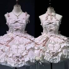 Butterfly Heart Lolita Original Dress JSK Halter Neck Daily Dress Bow Princess Style Lolita - Chân váy ngắn màu hồng nhạt + cổ yếm + dây đeo - Xem 1