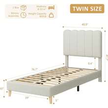 Cama Individual Tapizada con Cabecera Ondulada, Base para Niñas y Niños, Soporte de Listones de Madera, Sin Necesidad de Somier, Montaje Fácil, Color Beige - Beis - Ver 5
