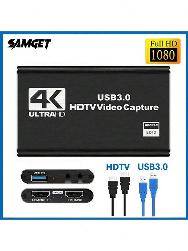 4K USB 3.0 Video Capture Card HDMI-Compatible 1080P 60Hz HD Video Recorder Grabber For OBS Game Recording Live Streaming Comes With A USB Data Cable And An HDTV Data Cable