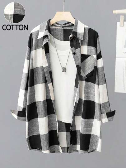 Camisa de manga larga holgada de algodón a cuadros para mujer, primavera/otoño