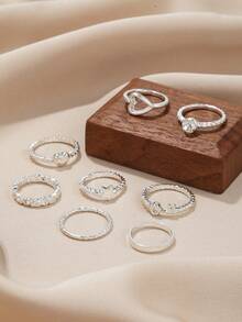 8 piezas Anillo con corazón & con diseño de estrella - Plateado - Ver 4
