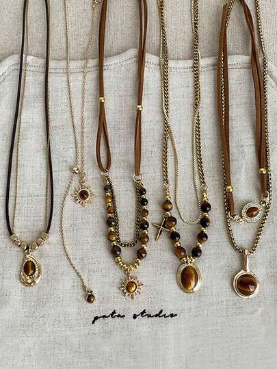 1pc/Set Vintage Elegant Multi-Layer Tiger Eye Stone Pendant Necklace, Women's Double-Layer Clavicle Chain Jewelry Set, Women's Daily Party Accessory, Fashion Jewelry, Best Friend Gift, Autumn/Winter Sweater Chain Jewelry Gift For Women