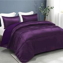 3-Piece Reversible Queen Size Silky Comforter Set/Bedding Set, Luxury Soft Satin Comforter With 2 Satin Pillowcases, Lightweight Duvet Set For All Seasons, Black - 紫色 - 查看 2