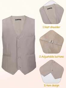 Men's Plus Size 3 - Piece Tuxedo Suit Set, Formal Wedding Groom Suit With Vest & Trousers, Slim - Fit Tailored For Prom, Business Events - 米色 - 查看 5