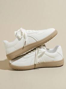 Zapatillas Deportivas Casuales para Mujer con Suela Antideslizante y Plataforma Baja, Tenis Blancos de Punta Redonda Estilo Retro, Zapatos Cómodos e Impermeables para Todas las Estaciones - Blanco - Ver 4