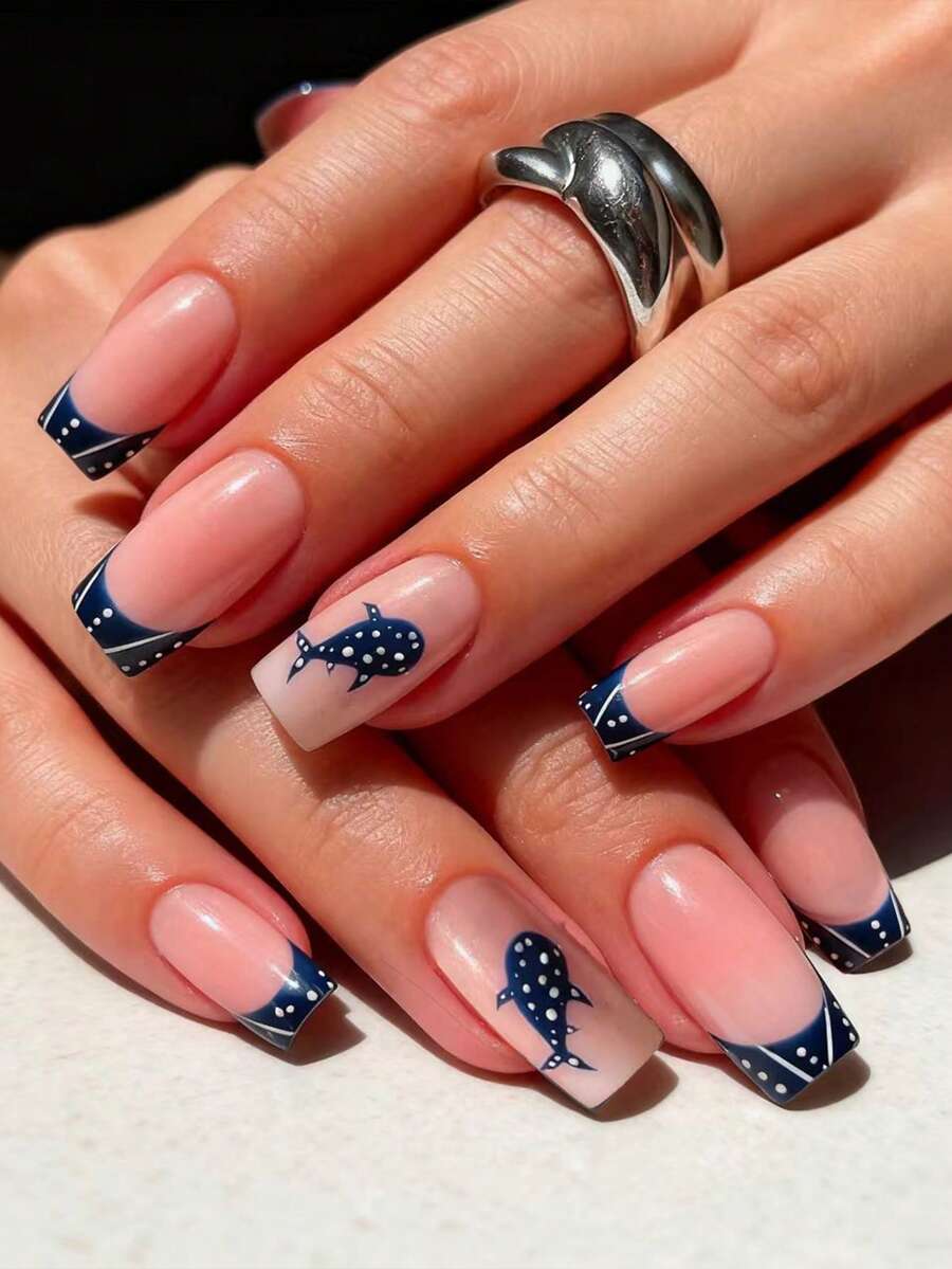 Instantly Upgrade Your Look With 24pcs Press On Nails Medium Square Elegant Polka Dot Whale Pattern Blue French Acrylic Press On Nails Full Coverage Fake Nails For Women And Girls Includes 1sheet Adhesive Tabs & 1pc Mini Files Suitable For Party Date And Office Daily Wear False Nails Jelly Glue Is Randomly Shipped
