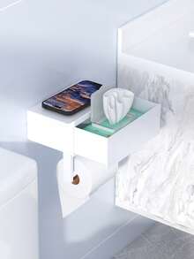 1个壁挂式卫生纸架，带置物架，抽屉式浴室湿巾收纳盒，卫生纸架/手机架，无需钻孔即可轻松安装，浴室必备收纳盒，浴室收纳用品，浴室配件，耐用塑料材质，白色/黑色浴室配件/浴室工具 - 彩色 - 查看 2