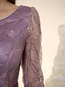 女士新款圆领亮片蕾丝腰带优雅A字晚礼服婚纱春季 - 淺灰紫 - 查看 7