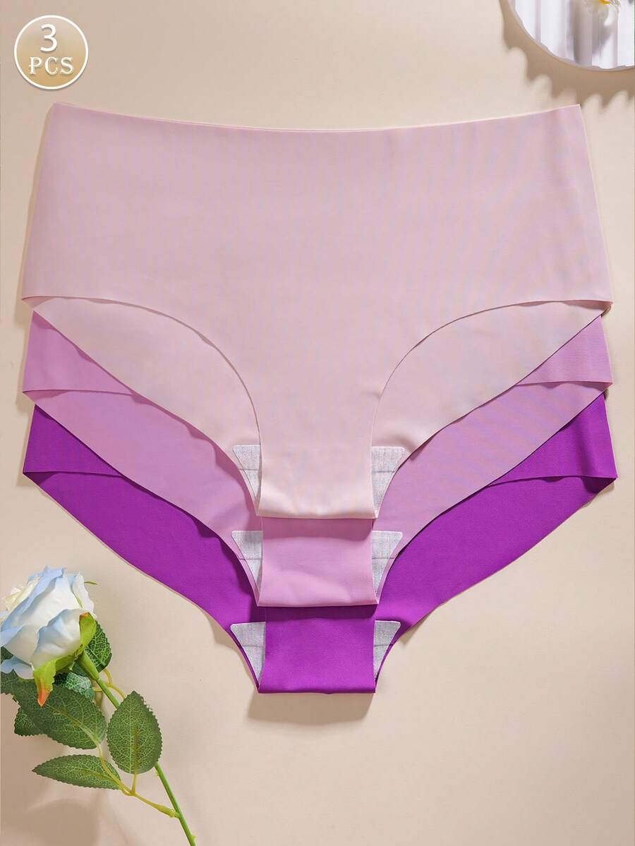 3 件装女士无缝渐变紫色柔软透气三角内裤，简约时尚三角裤，适合日常穿着 - 彩色 - 查看 1