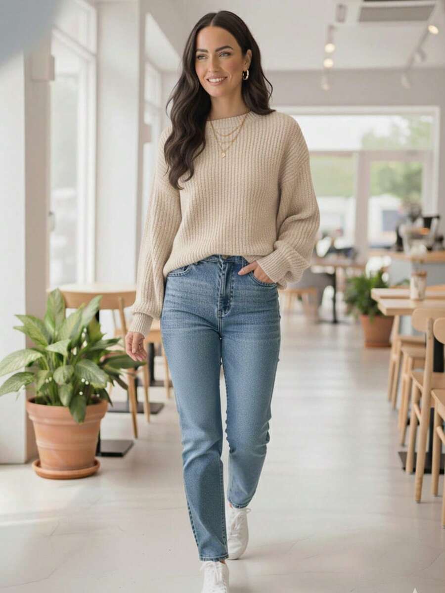 WOMEN'S KNIT SWEATER Puffed Sleeve Knitted Fang Modern Sophisticated - Beis - Ver 1