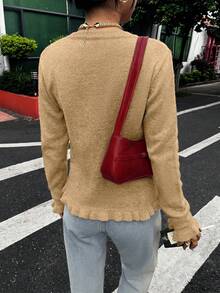 2025 New Elegant Women Round Neck Ruffle Layered Pleated Knit Sweater, Versatile Casual, Autumn/Winter, Solid Gray