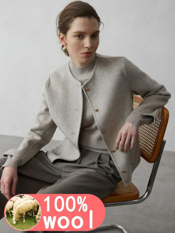 Women's Round Neck Long Sleeve 100% Wool Regular Coat With Buttons, Front Pockets, Solid Color, Button Front, Winter Coat, New Year Outfit, Thanksgiving Outfit, Elegant Women's Winter Coat, Women's Coat, Women's Wool Coat, Cape Coat, Women's Winter Coat, Elegant Women's Coat, Women's Windbreaker