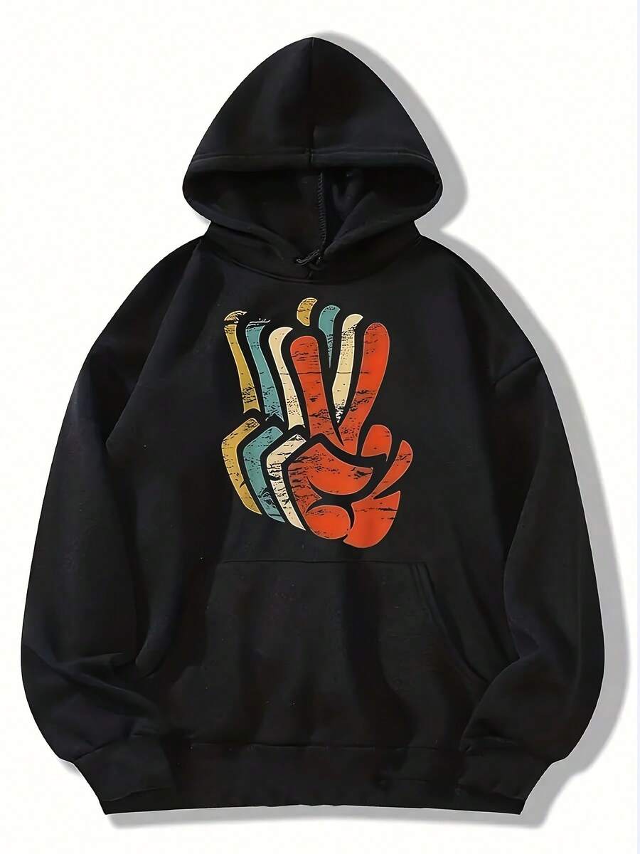 Sudadera casual negra para mujer con estampado de dedos vibrante - Manga larga, cordón, bolsillo canguro, diseño "Mantén tu cabeza alta y tu dedo medio más alto", moda otoño/invierno, sudadera casual | Sudadera gráfica juguetona | Sudadera de tejido elástico - Negro - Ver 1