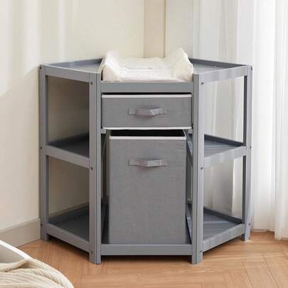 Dragonpad Baby Corner Changing Table With Storage Drawer, Diaper Changing Station With Baby Changing Pad, Laundry Hamper, Modern Wood Diaper Changing Table Organizer For Infants And Toddlers, Gray