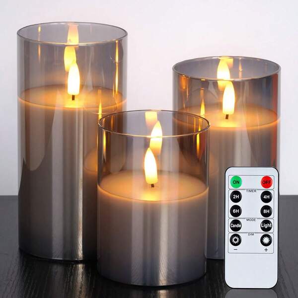 Gray Glass Flameless Candles, Christmas Candles, LED Pillar Candles With Remote Control And Timer, Electric Fake Candles For Holiday Horror Decorations, Birthday Gift Halloween 3-Piece Set