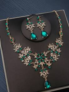 1 Set Luxus Goldplattierter Schmuck, smaragdfarbener Kristall, Blumenmuster, geeignet für Hochzeiten und formelle Anlässe