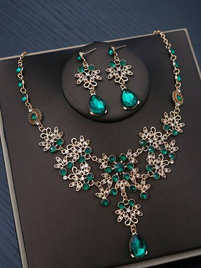 1 Set Luxus Goldplattierter Schmuck, smaragdfarbener Kristall, Blumenmuster, geeignet für Hochzeiten und formelle Anlässe