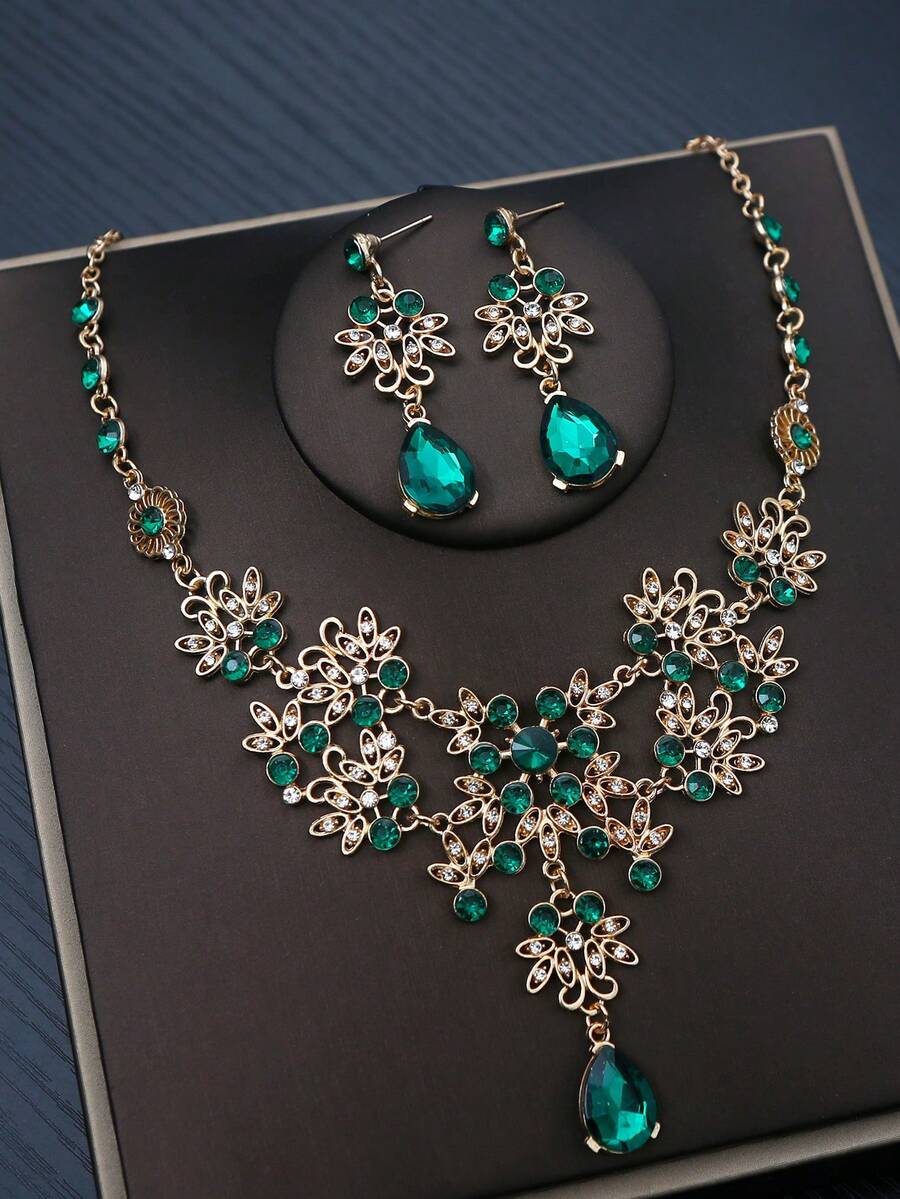 1 Set Luxus Goldplattierter Schmuck, smaragdfarbener Kristall, Blumenmuster, geeignet für Hochzeiten und formelle Anlässe