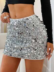 Unadoll Women's Spring And Summer Silver Sequin Wrapped Hip Skirt Versatile Short Skirt, Suitable For Cocktail Parties, Guest Activities, Christmas