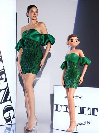 Fuaheng Women's [Random Print] V-Neck Bubble Sleeve Sequin Patchwork Satin Elegant-Wrap Cocktail Dress