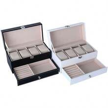 Estuche organizador de relojes, caja de reloj de doble capa cuero con 4 ranuras con ventana de vidrio real, vitrina de almacenamiento de joyas para mujeres, hombres, padre, esposo, novio - 4 casillas blancas - 2 capas - Ver 5