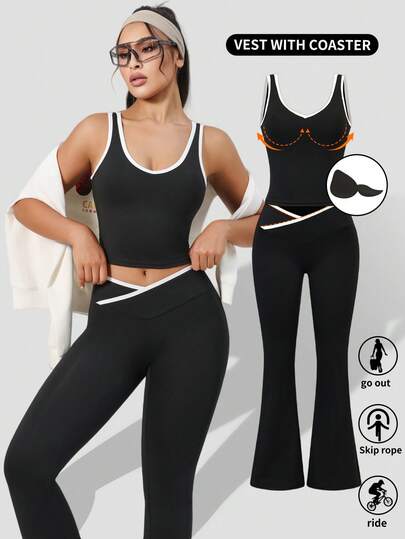 1 Set Butt Lifting High Elastic Seamless Regular (Mid-Waist) Top, 2-In-1 Built-In Padded V-Neck Camisole & Wide Leg Yoga Pants, Slimming Outerwear & Layering Sleeveless Women Outfit, Suitable For Spring, Summer, Autumn, Winter