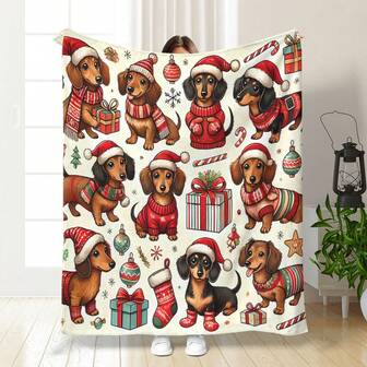 1pc New Christmas Dachshund Dog Blanket, Soft Plush Blanket With Digital Printing, Suitable As Gift For Friends, Air Conditioning Cover, Office Nap, High-End Retro Casual Blanket, Wall Hanging