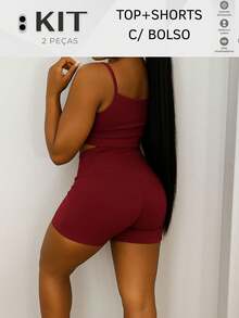 Top And Shorts Set With POCKET Fitness Gym High Waist Double Waistband - 酒紅色 - 查看 2