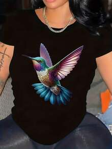 Playera camiseta gráfica dama mujer manga corta cuello redondo básica cómoda fresca ligera moderna juvenil casual estampado colibrí ave linda tierna cute primavera verano - Negro 1 - Ver 1