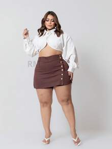 Women's Clothing Shorts Plus Size Women's Denim Skirt With Lycra Buttons On The Side - 鏽棕色 - 查看 4