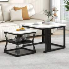 2er-Set moderne Beistelltische, MDF in Marmoroptik, Stahlrohr weiß hochglänzend schwarz, 2 Tische mit den Maßen 65x65x45 cm und