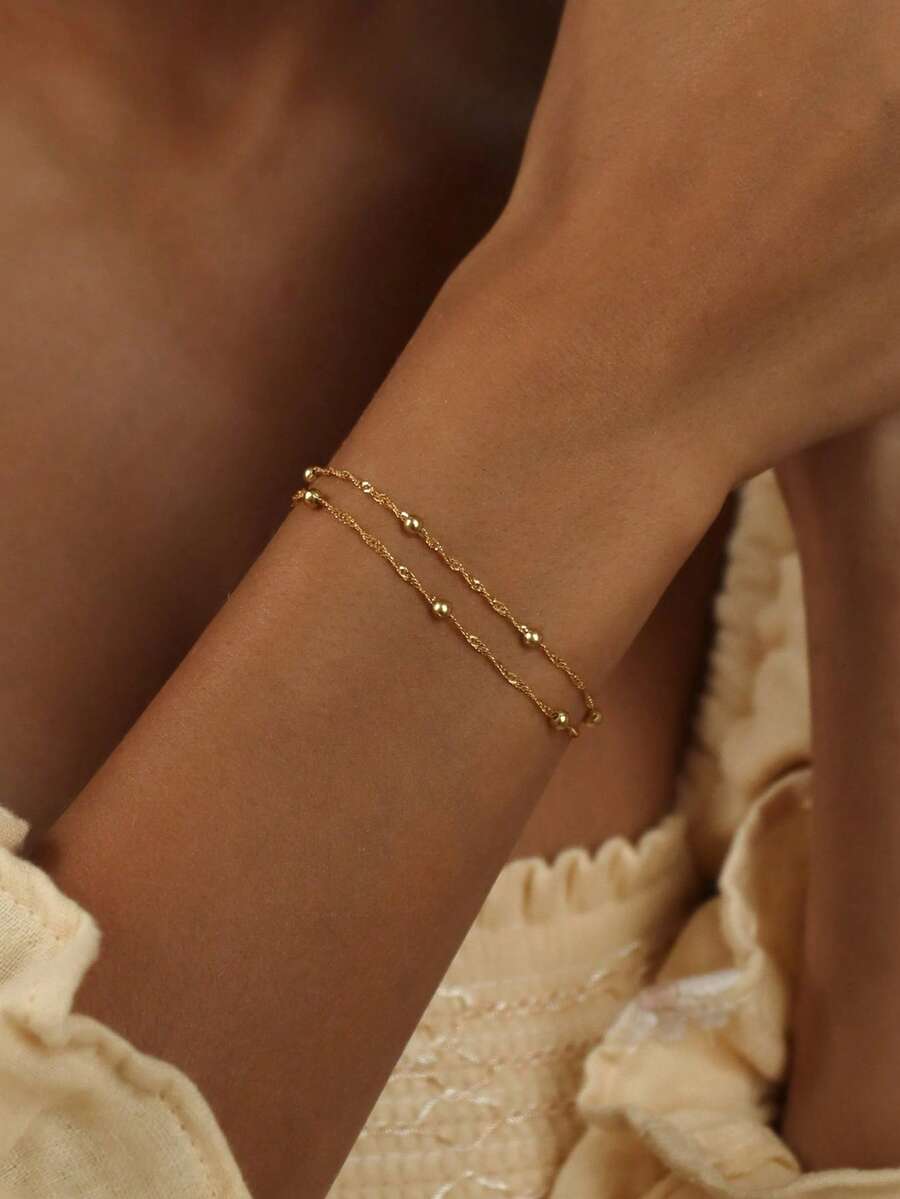 1pc Stainless Steel Gold Color Bracelet, Women's Twist Chain Bracelet, Double Layer Bracelet, Delicate Thin Cord Chain With Beads, Suitable As Gift - Gold - View 1