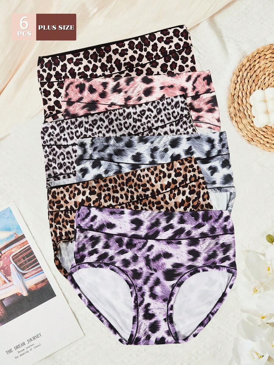 6pcs/Pack Plus Size Women Leopard Print Sexy Elastic Comfortable Briefs - Multicolor - View 1