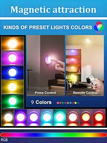 3 luzes recarregáveis para armários com controle remoto, 9 cores RGB, reguláveis, modos suave e intermitente, luminária magnética para armários, prateleiras, decoração de parede