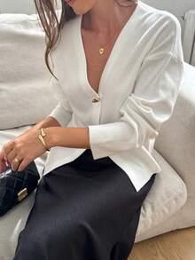 FOR BEAUTY V-Neck White Long Sleeve Knit Cardigan, Women/Girls New Fashion Elegant Soft Solid Color Jacket, Versatile For Daily, Commute, Casual, Loose Fit, Sweater Top - White - View 6