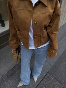 Áo khoác da lộn giả ngắn cho nữ, cổ ve áo một hàng khuy, phù hợp cho mùa thu/đông - màu nâu - Xem 2