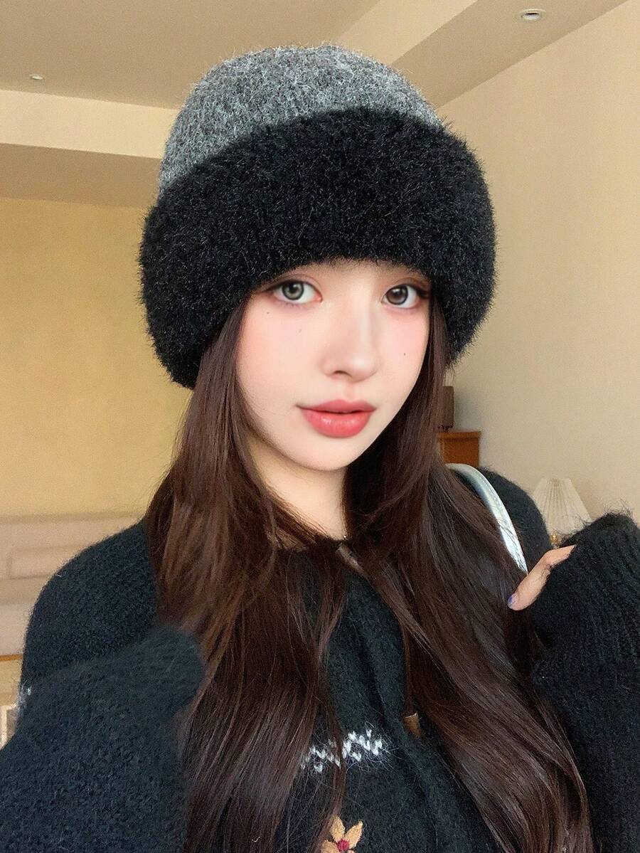 1 Stück Damen Herbst/Winter Neue Kontrast Farbe Verdickte Gestrickte Mütze, Warm und Windundurchlässig, Lässiger Stil Beanie, Outdoor Ohrenschutz Mütze, Waschbar, Hervorragende Wärmeisolierung, Geeignet für Herbst/Winter Alltagstragen, Spazierengehen, Einkaufen