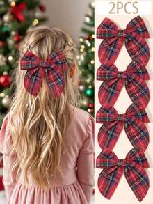 2pcs/Set Baby Girls' Christmas Red Plaid Fabric Bow Hair Clips, Barrettes, Hairpins, Daily Use - Multicolor - View 3