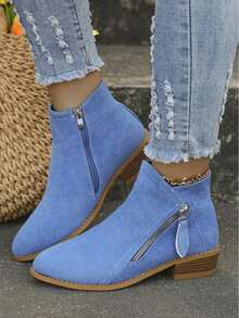 Fall/Winter 2025 Women's Popular Versatile Suede Ankle Boots And Short Boots,New Autumn/Winter Women Short Boots, Fashion Versatile Low-Heel Anti-Flat Side Zipper Shoes, Wear With Black Skirt,Boots For Women - 淺藍色 - 查看 4