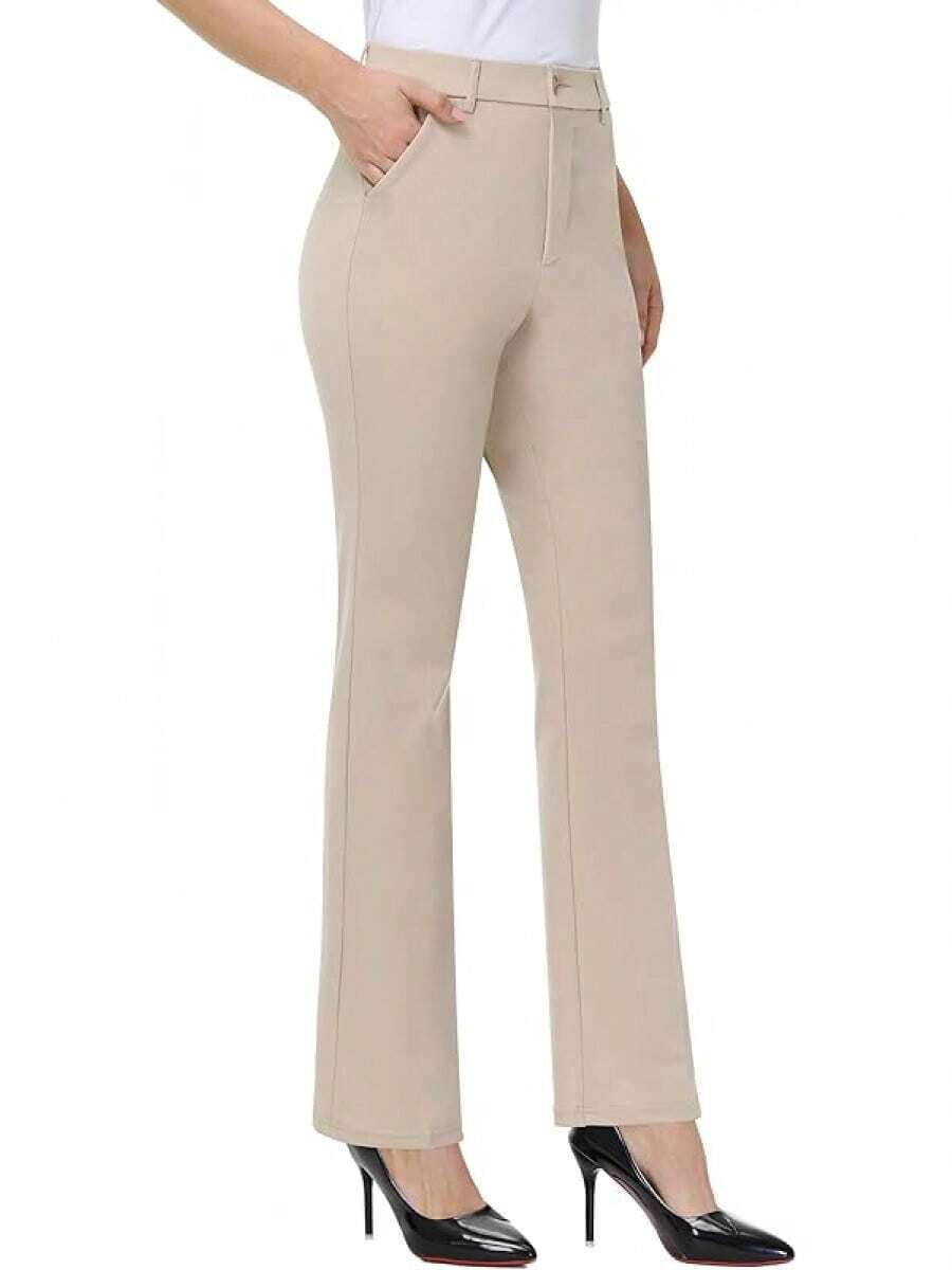 Women's Stretchy Straight Leg Dress Work Pants Business Office Casual Slacks With Pockets, Style - Pale Khaki - View 1