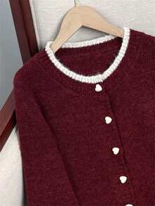 Wixra 2025 Autumn New Design Colorblock Heart Button Knit Cardigan, Versatile Women Sweater Jacket - Red - View 4