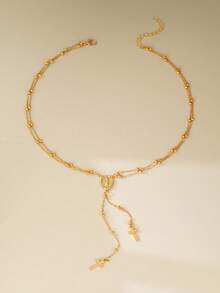 1 件十字架和耶稣吊坠 Y 形串珠项链，适合女性信仰、祈祷、聚会、派对和日常佩戴（珠子数量随机） - 金色 - 查看 2