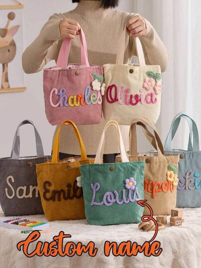 1 pieza Bolso de mano de corduroy con nombre hecho a mano, bolso de lona con nombre floral personalizado, bolso de mano personalizado, bolsa de regalo para volver a la escuela, bolso de mano de viaje, adecuado para estudiantes de secundaria, preparatoria y primer, segundo y tercer año de universidad.