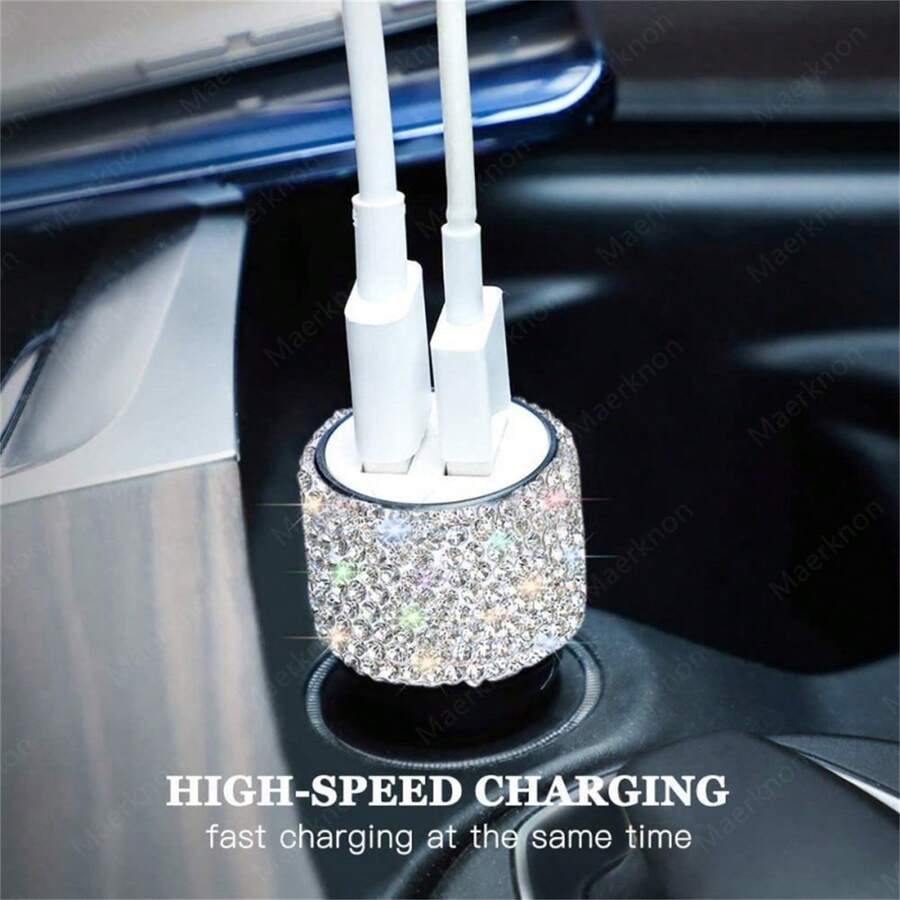 1pc Pink New Bling USB Car Charger 5V 2.1A Dual Port Fast Adapter Car Decor Car Rhinestone Car Accessories Interior For Woman - Pink - View 1
