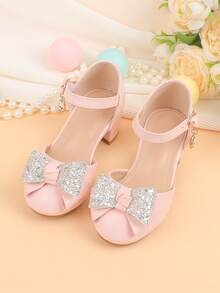 Flower Girl Shoes For Wedding, Party, Holiday, Suitable For Girls Of All Ages, Children Shoes, Classic Comfortable Versatile Small Shoes, Girls Fashion Pink Bow Glitter Sequin Shiny Heeled Dress Shoes For Formal Occasions, Recitals, Dance, Princess Style
