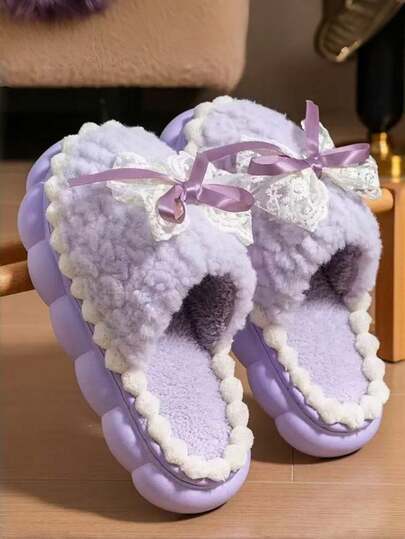 女士蝴蝶结家居拖鞋，时尚新款秋冬保暖可爱毛绒室内拖鞋，防滑舒适卧室拖鞋