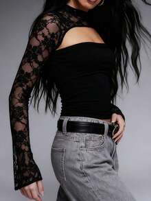 Women Y2k Lace Sheer Long Sleeve Crop Tops See Through Backless Hollow Out Lace Floral Patchwork T-Shirt Slim Fitted Blouse Going Out Tops Club Streetwear Fairy Aesthetic Clothes  Outfits - 黑色 - 查看 3